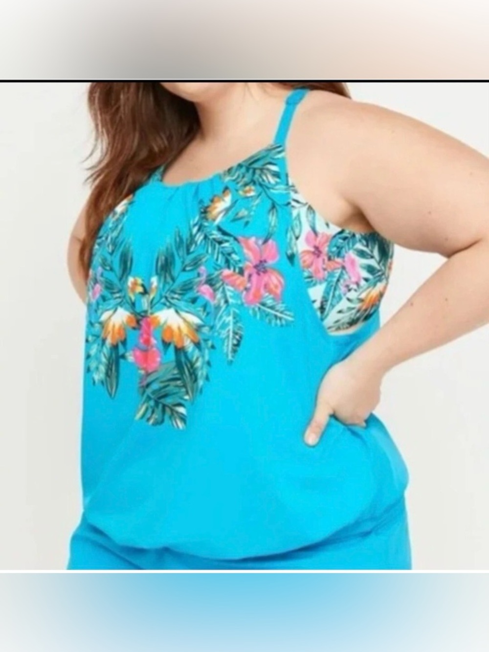 SWIM by CACIQUE TANKINI TOP AND SHORK TEAL BLUE TROPICAL PRINT